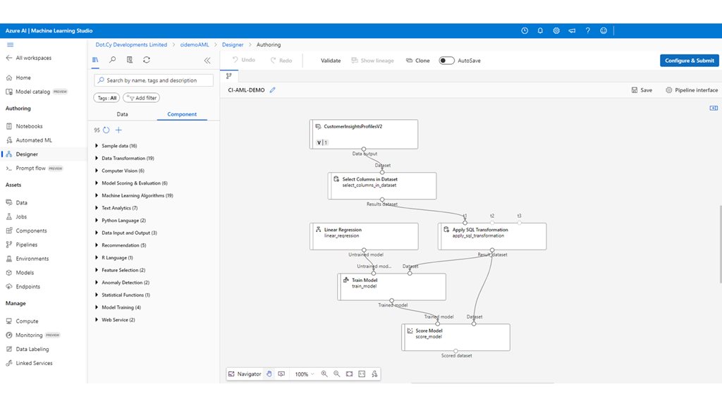 Create pipelines for your assets with Azure Machine Learning designer, and a drag-and-drop UI interface.